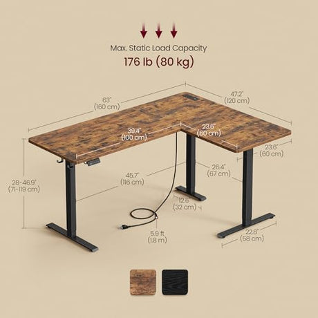 VASAGLE L Shaped Electric Standing Desk, 63 x 47.2 Inches, Height Adjustable Corner Desk with Power Outlets, 2 Memory Buttons, Easy to Assemble, for Home Office, Rustic Brown ULSD242K01 VASAGLE