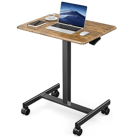 DUMOS Small Standing Desk Mobile Portable Rolling Laptop PC Table on Wheels Adjustable Height Computer Workstation for Home Office, 19 Inch, Brown DUMOS