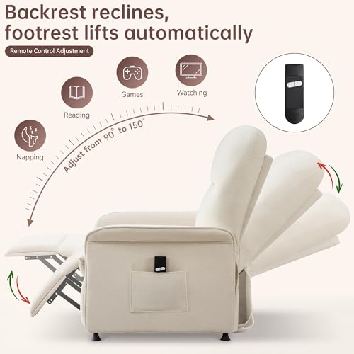 Power Recliner Chair for Adults, Electric Recliner with Curved Arms & Side Storage Pockets, Ergonomic Adjustable Reclining Chair for Living Room Bedroom, Chenille Beige
