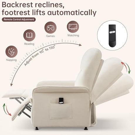 Power Recliner Chair for Adults, Electric Recliner with Curved Arms & Side Storage Pockets, Ergonomic Adjustable Reclining Chair for Living Room Bedroom, Chenille Beige CACFTII