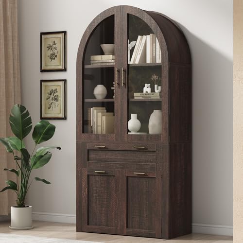 Itaar 71" Arched Kitchen Pantry Cabinet, Kitchen Storage Cabinets with 1 Large Drawer & Storage Cart 2 Tier & Door Shelves for Living Room, Dining Room, Brown Itaar