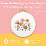 Clever Poppy Sunset Meadow Beginner Embroidery Kit – Easy Embroidery Kit for Beginners with Hoop, Thread & Patterns – Hand Embroidery Kit for Adults and Teens – Complete Embroidery Starter Kit