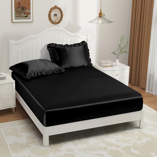P Pothuiny 3-Piece Set Ruffle Satin Pillowcases & Queen Fitted Sheet, Luxury Black Satin Fitted Sheet Silky Soft Cute Bedding Bedroom Decor, Wrinkle Free, 15 Inch Deep Pocket P Pothuiny