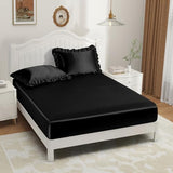 P Pothuiny 3-Piece Set Ruffle Satin Pillowcases & Queen Fitted Sheet, Luxury Black Satin Fitted Sheet Silky Soft Cute Bedding Bedroom Decor, Wrinkle Free, 15 Inch Deep Pocket P Pothuiny