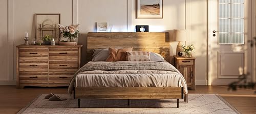 LINSY Full Size Bed Frame with RGB Lights & Ergonomic Headboard, Farmhouse Wood Bed Frame Full with Charging Station & Storage Shelf, Noise-Free Platform Bed Full, No Box Spring Needed, Brown