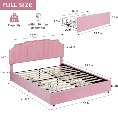 VECELO Full Size Upholstered Platform Bed Frame with 4 Drawers&Tufted Adjustable Headboard/Mattress Foundation/Wood Slat Support,Easy Assembly,Pink