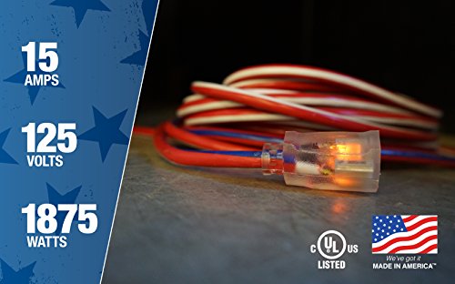Southwire Heavy Duty Extension Cord, 50Ft, 12 Gauge, 3 Conductor, Outdoor Cord, Lighted End, SJTW, Red/White/Blue, 2548SWUSA1 Southwire