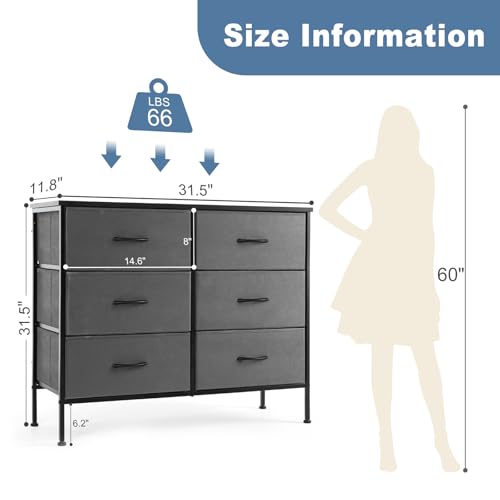 DUMOS TV Stand for Living Room, Dresser for Bedroom Chest of Dresser with 6 Fabric Drawers Storage Organizers Units, Nightstand for Bed DUMOS
