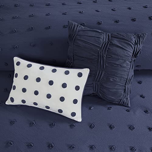 Intelligent Design Duvet Set 100% Cotton Jacquard, Tufts Accent, Shabby Chic All Season Cover for Comforter, Matching Shams, Decorative Pillows, Full/Queen (88 in x 92 in), Navy 7 Piece Intelligent Design