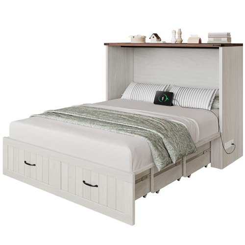 DWVO Full Size Murphy Bed with Charging Station, Cabinet Bed with Large Storage Drawer, Farmhouse Multi-Functional Murphy Cabinet Bed Frame for Bedroom or Guest Room, Noise-Free, Rustic White DWVO