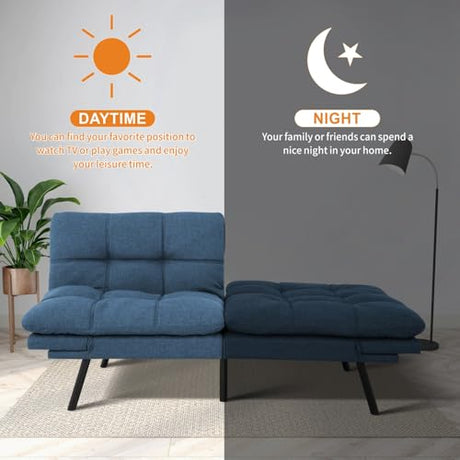 MUUEGM 71-Inch Convertible Futon Sofa Bed with Adjustable Backrest & Removable Armrests, Foldable Sleeper Loveseat for Small Space Living Room, Studio Apartment, Home Office，Blue MUUEGM