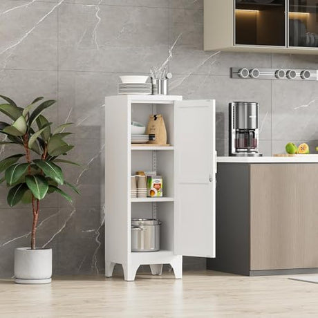 46"H White Metal Locker with 1 Lockable Door and 2 Adjustable Shelves For Employees,3 Tier Small Storage Cabinet with Detachable Legs and Vintage Handle for Kitchen, Office,School,Gym,Easy Assembly Firstsky
