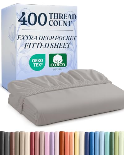 Extra Deep Twin 400 Thread Count Cotton Fitted Sheet - Hotel Luxury Single Fitted Sheet Only - Easily Fits 18" to 24" Mattress - Soft, Wrinkle Free & Breathable & Comfy Extra Deep Pockets Light Grey CGK Unlimited