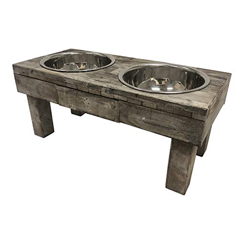 Huntley Equestrian Pet Berjen Table Elevated Double Bowl Pet Feeder, Brown Wash (Large) (02189) Huntley Equestrian