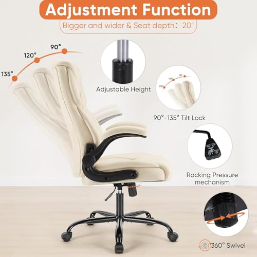 Sweetcrispy Ergonomic Office Chair Heavy Duty Task Desk Chair with Flip-up Arms, PU Leather, Adjustable Swivel Rolling Chair with Wheels, Beige Sweetcrispy