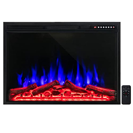 COSTWAY 37-Inch Electric Fireplace, Wall-Mounted and Recessed Fireplace Heater with 4 Flame and Log Colors, 5-Level Flame Speed and Brightness, Remote Control, 8H Timer, Overheat Protection, 1500W COSTWAY