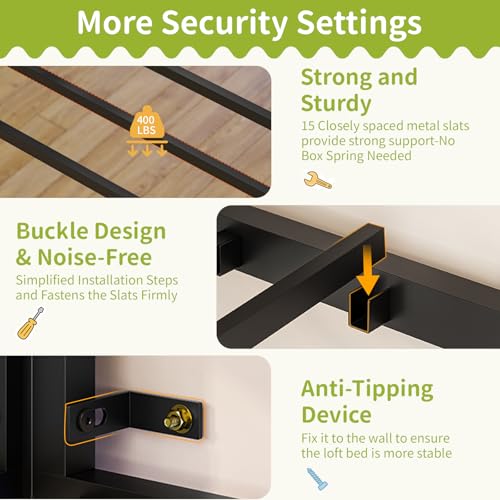 DICTAC Low Twin Loft Bed with Reading Corner,3 Sling Drawers and 2 Movable Storage Bins,Metal Twin Size Loft Bed for Kids with LED Lights and Storage Basket,13.98" H Safety Guardrail & Stairs, Black DICTAC