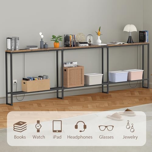 SANXUO 102 Inch Extra-Long Narrow Console Table with Charging Station (2 Outlets + USB-C), Sofa Table,Behind Couch Table with 3-Tier Storage Shelves for Entryway & Small Spaces (Rustic Brown) SANXUO