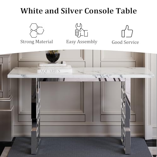 AUZ 55" White and Silver Console Table, Luxury Living Room Sofa Table, Modern Rectangle Console Table for Entryway, Living Room, Office, Foyer, Front Hall, Hallway AUZ