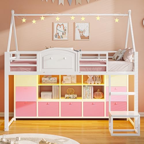 VIAGDO Twin Size Low Loft Bed with 9 Storage Drawers, Bookcase and LED Lights, House-Shaped Metal Twin Loft Bed with Step Stool and Safety Guardrail, Kids Loft Bed with Under-Bed Play Space, White VIAGDO