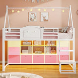 VIAGDO Twin Size Low Loft Bed with 9 Storage Drawers, Bookcase and LED Lights, House-Shaped Metal Twin Loft Bed with Step Stool and Safety Guardrail, Kids Loft Bed with Under-Bed Play Space, White VIAGDO