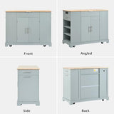 Ball & Cast Fluted Kitchen Island with Trash Can Storage Cabinet,Power Outlet,Internal Storage Rack,Rolling Kitchen Islands On 5 Wheels W/3 Drawer&3 Open Side Racks for 10 Gallon Garbage Bin,Grey Blue Ball & Cast