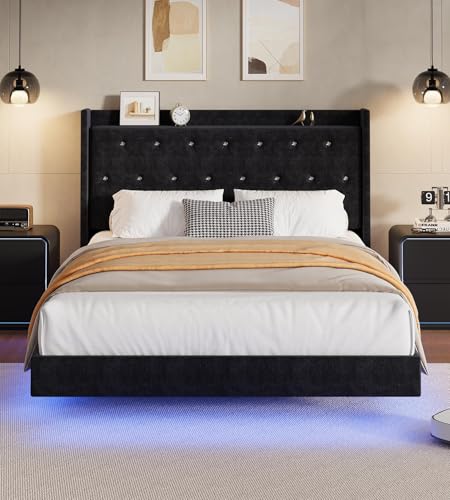 IDEALHOUSE Queen Size Bed Frame with LED Lights, Floating Platform Bed with Velvet Upholstered Storage Headboard, No Box Spring Needed, Noise Free, Easy Assembly IDEALHOUSE