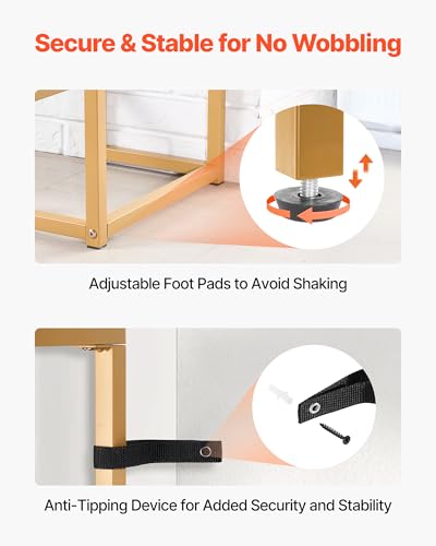 VEVOR 2-Tier Glass Console Table, Modern Rectangle Sofa Side Table with Tempered Glass Top and Iron Legs, Golden Consloe Desk with Anti-Tip Device for Living Room, Hallway, Entryway, Foyer, Golden VEVOR