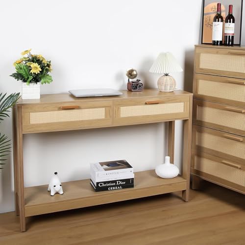 Duryarhall Console Table with Rattan Drawers Boho Entryway Table Narrow Long Sofa Table for Entrance, Hallway, Living Room, Couch Duryarhall