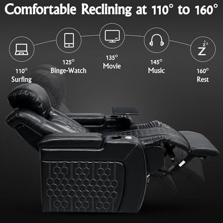 NMXUXMN Home Theater Seating,Top-Grain Leather Recliner Sofa, Zero Gravity Power Reclining Couch with Ambient LED Lights, Cup Holders & USB, Tray Table-Single Black NMXUXMN