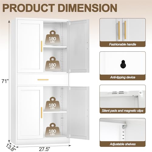 TaskStorz 71" Tall Kitchen Pantry Cabinet, Metal Kitchen Pantry Storage Cabinet with Drawer and 2 Adjustable Shelves, Freestanding Pantry Cupboard for Living, Dining Room, White TaskStorz