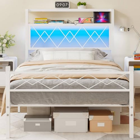 Weehom Twin Bed Frames with Headboard, Metal Bed Frame with 2-Tier Shelves Storage, Modern Twin Platform Bed with Charging Station & LED Lights - No Box Spring Needed, White Weehom