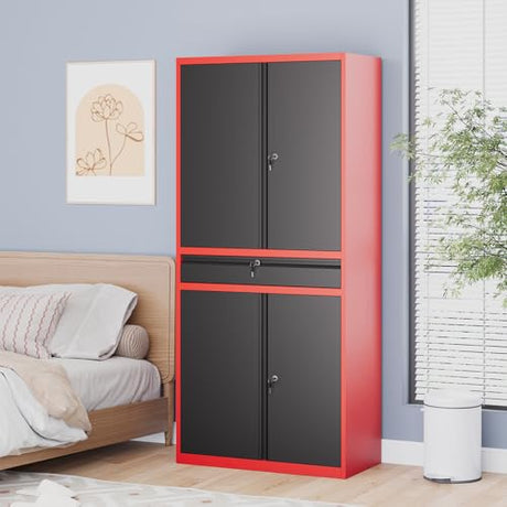 LISSIMO Metal Garage Storage Cabinet with Locking Doors and Drawer, 71" Steel Tool Storage Cabinet with Adjustable Shelves for Garage,Office,Warehouse (Red Black) LISSIMO
