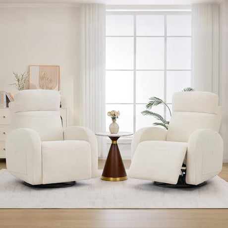 Dual Motors Power Recliner with Adjustable Headrest, Electric Swivel Rocker Recliner for Nursery, Glider Reclining Rocking Nursery Chairs for Small Space, Living Room, Bedroom, Chenille Cream White AEMEIOS