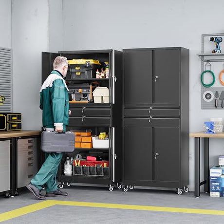 Letaya Metal Garage Storage Cabinet with Wheels,Rolling Tool Cabinet with 4 Door Lock-Adjustable Shelves and 2 Drawer for Garage Home Office Utility Room (Black with Wheels) Letaya