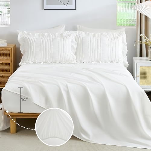 WONGS BEDDING White Comforter Set King,7 Pieces Ruffle Comforter Set with Sheets,Textured Bed in a Bag for King Bed 104"×90" WONGS BEDDING