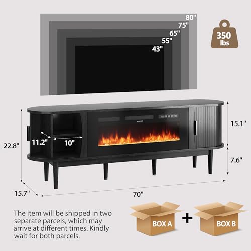 Decofy 70″ Fluted Fireplace TV Stand for 80″ TVs, Remote & Touch Control, Adjustable Flame Colors & Temperature Entertainment Center with Storage, Modern Media TV Console Table for Living Room (Black) Decofy