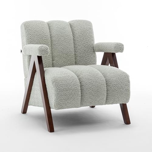 DRKAT Mid Century Modern Accent Chair with Solid Wood Frame, Boucle Upholstered Living Room Chairs with Thick Cushion, Comfy Tufted Arm Chair for Bedroom, Sage DRKAT