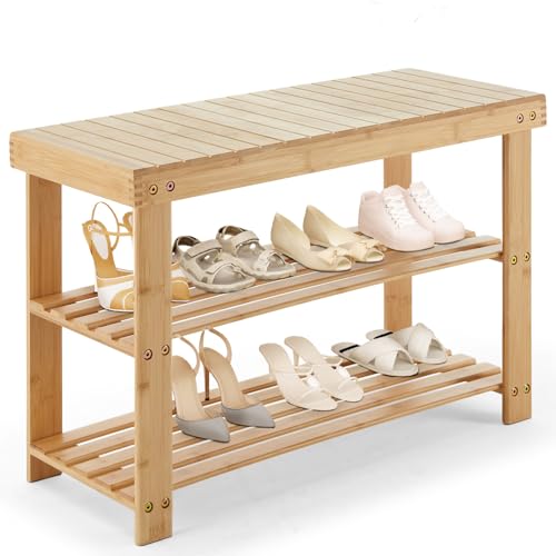 DUMOS Shoe Rack Bench, 3-Tier Bamboo Entryway Benches, Holds Up to 286 lb Storage Organizer, 11.22 x 27.6 x 18 Inches, Suitable for Bedroom Living Room Balcony, Classical Wood DUMOS
