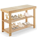 DUMOS Shoe Rack Bench, 3-Tier Bamboo Entryway Benches, Holds Up to 286 lb Storage Organizer, 11.22 x 27.6 x 18 Inches, Suitable for Bedroom Living Room Balcony, Classical Wood DUMOS