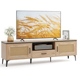 Tangkula Boho TV Stand for 65 Inch TVs, Mid Century Modern Media Entertainment Center with Drawer, 2 Cabinets with Rattan Doors, Metal Legs, Cable Hole, TV Console Table for Living Room (Oak) Tangkula