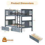 FUQARHY Bunk Bed Twin Over Twin with Storage Drawers, Gray Convertible Wood Twin Bunk Beds with Ladder and Safety Guardrail, No Box Spring Needed (Blue-Gray) FUQARHY