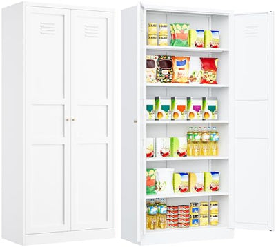 Pantry Cabinet,White Pantry Storage Cabinet,Metal Storage Cabinet with Doors and Shelves,Ventilated Tall Cupboard,Pantries,71"H Food Pantry Cabinet for Kitchen,Home,Office,Dining Room,Living Room