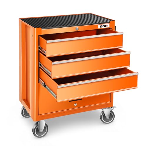 DNA MOTORING 3-Drawers Utility Rolling Tool Chest Cabinet with Wheels, Heavy Duty Industrial Service Cart Keyed Locking System, for Garage Warehouse Workshop, Orange, TOOLS-00400 DNA MOTORING