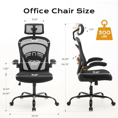 Ergonomic Office Chair,Computer Desk Chair Comfy with Flip-Up Armrests,Comfortable Lumbar Support Gaming Chairs for Bedroom,Study,Student,Wide Seat,Black Garvee