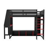 SOFTSEA Twin Size Gaming Loft Bed with Desk, Solid Wood Loft Bed with Wardrobe and Storage Shelves, Gaming Loft Bed Frame with LED Lights for Kids Teens Adults, Black & Red SOFTSEA