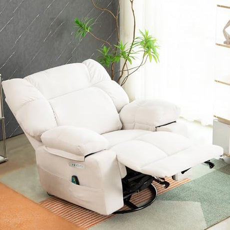 AISALL Power Swivel Rocker Recliner Chair Oversized for Adults, Electric Heated & Massage Chair Recliner with USB/Type-C, Fabric Nursery Recliner for Living Room,Bedroom, White AISALL