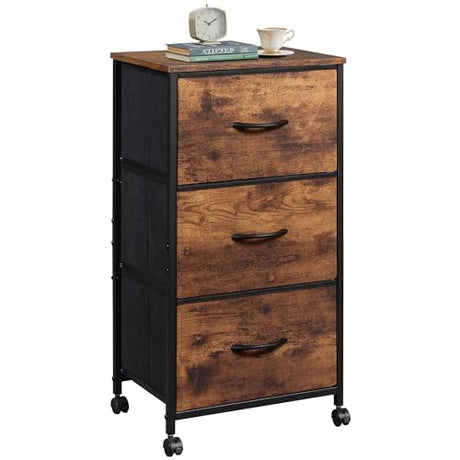 WLIVE Dresser with 3 Drawers, Fabric Nightstand, Cabinet with Wheels, Organizer Storage Dresser for Bedroom, Office, Closets, Sturdy Steel Frame, Easy Pull Handle, Rustic Brown Wood Grain Print WLIVE