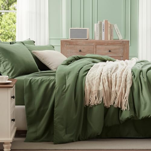 Anluoer Full Comforter Set 7 Pieces, Olive Green Bed in a Bag with Sheets, All Season Bedding Sets with 1 Comforter, 2 Pillow Sham, 2 Pillowcase, 1 Flat Sheet, 1 Fitted Sheet Anluoer