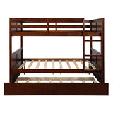 NC Full Over Full Wood Bunk Bed with Twin Trundle Bed and Removal Ladder and Safety Rail, Can be Divided into 2 Beds, Walnut N\C